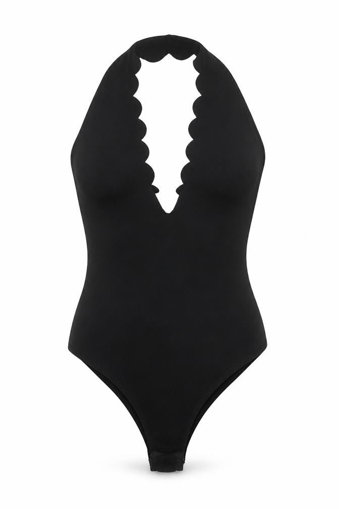 Front view of PRETTYLITTLETHING women’s black polyester bodysuit one-piece, size UK 8, 10-inch leg snap