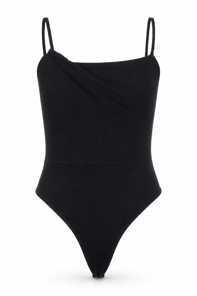 Front view of PRETTYLITTLETHING women’s black viscose bodysuit one-piece, size UK 10, snap