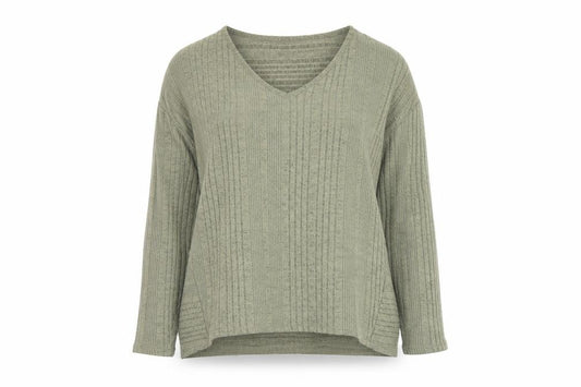 Front view of Dunnes women’s green v-neck polyester jumper, size M