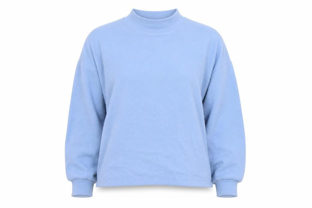 Front view of New Look women’s blue mock neck polyester jumper, size M