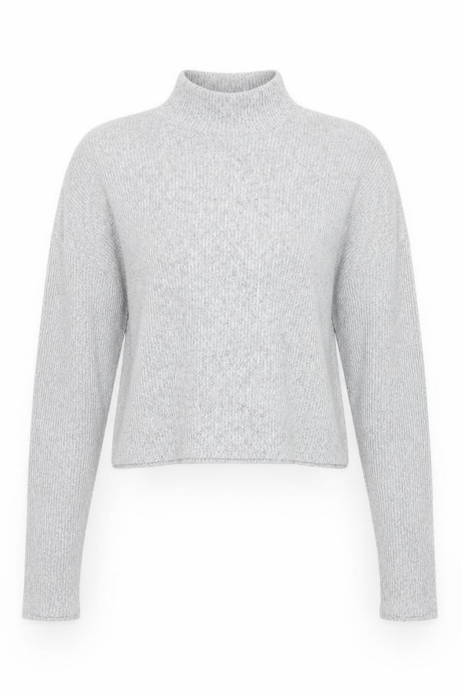 Front view of Topshop women’s grey mock neck viscose jumper, size UK 10, - cropped