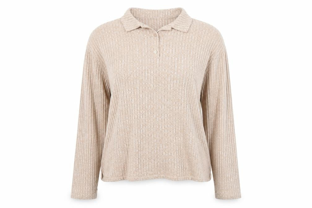 Front view of ASOS women’s beige collared viscose jumper, size UK 8
