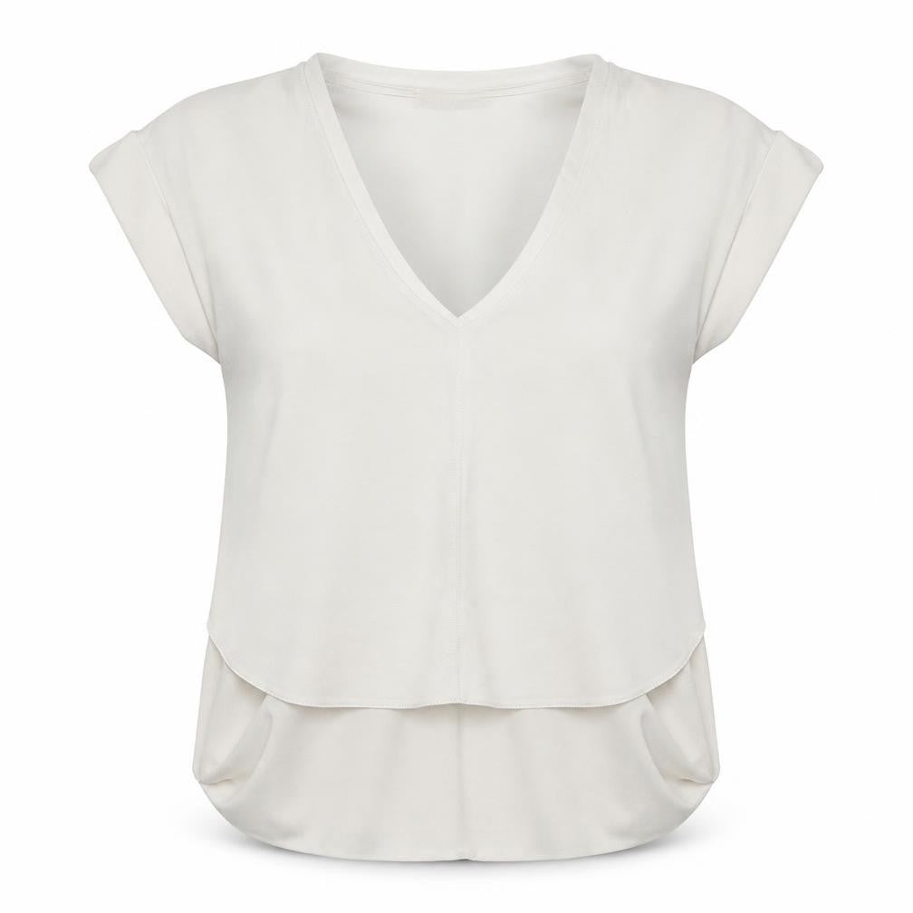 Front view of Zara women’s white polyester basic blouse, size S, v-neck