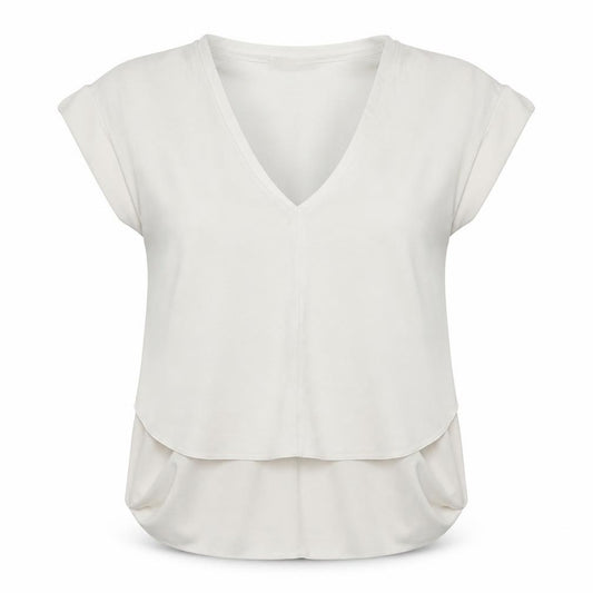 Front view of Zara women’s white polyester basic blouse, size S, v-neck