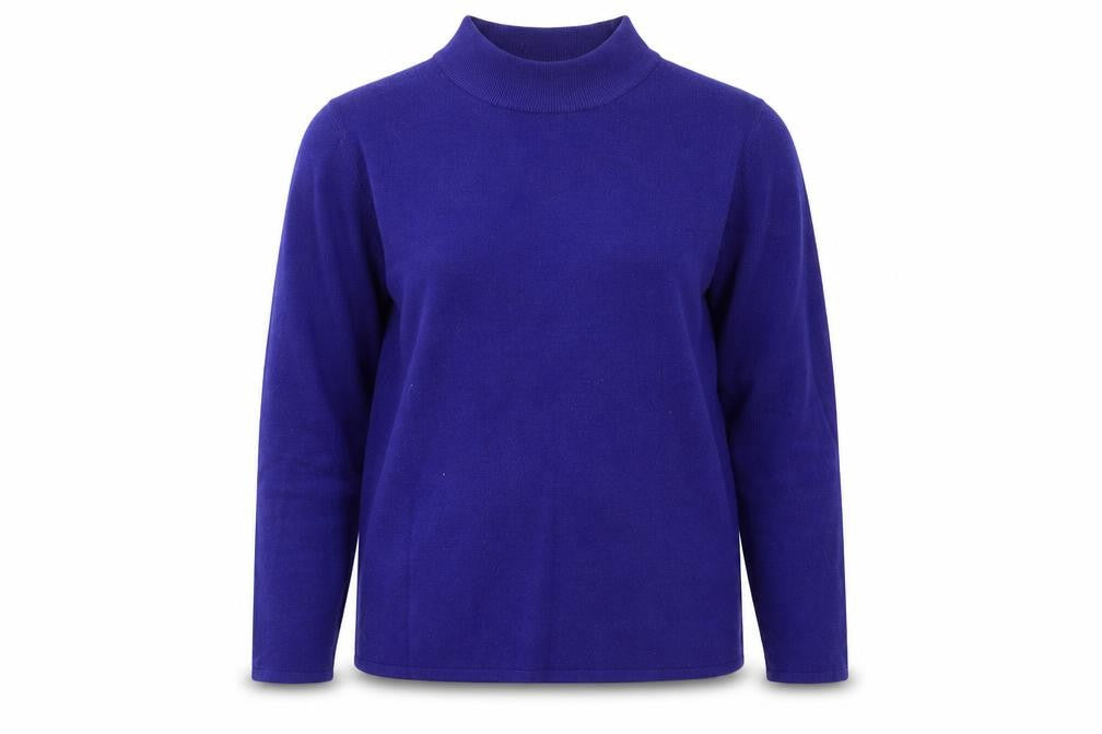 Front view of Bonmarché women’s blue mock neck acrylic jumper, size M