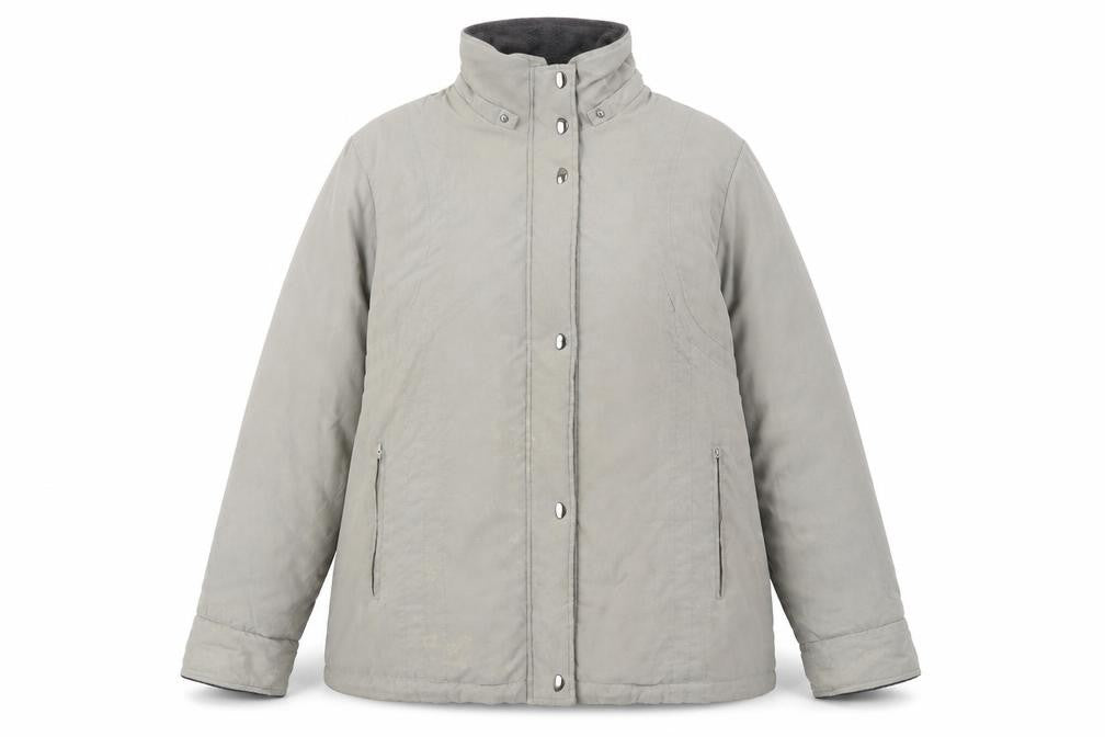 Front view of Papaya women’s grey quilted coat, size UK 18, zip