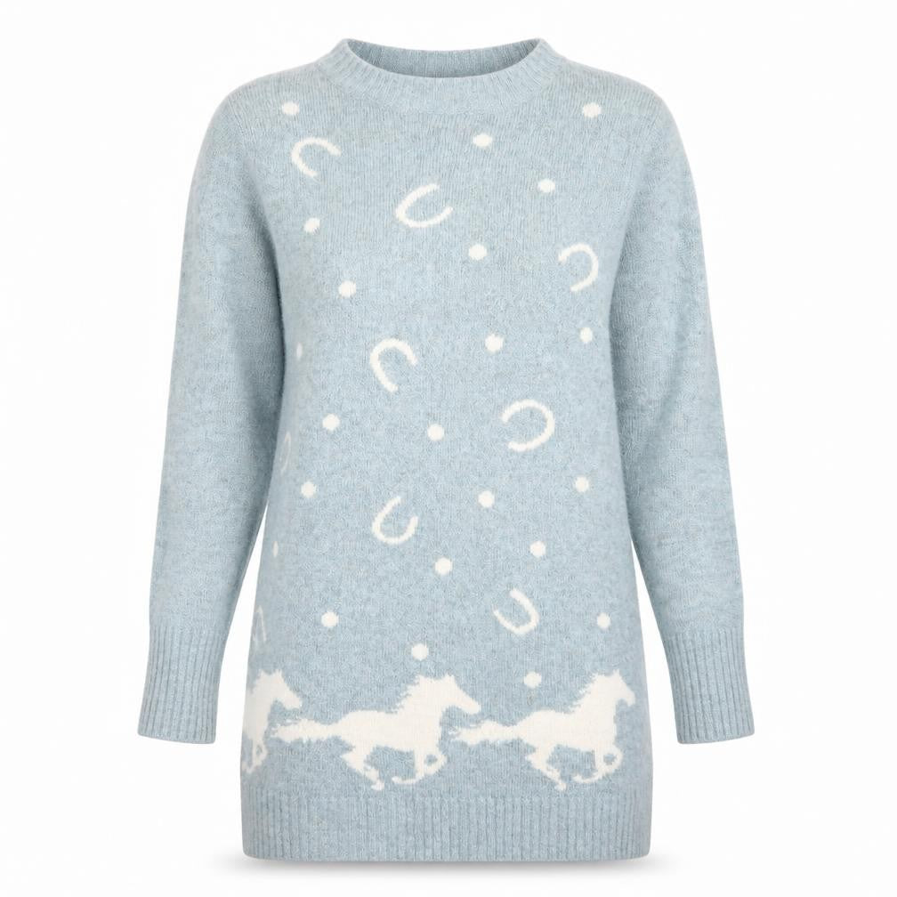Front view of Yumi women’s blue boat neck wool jumper, size S