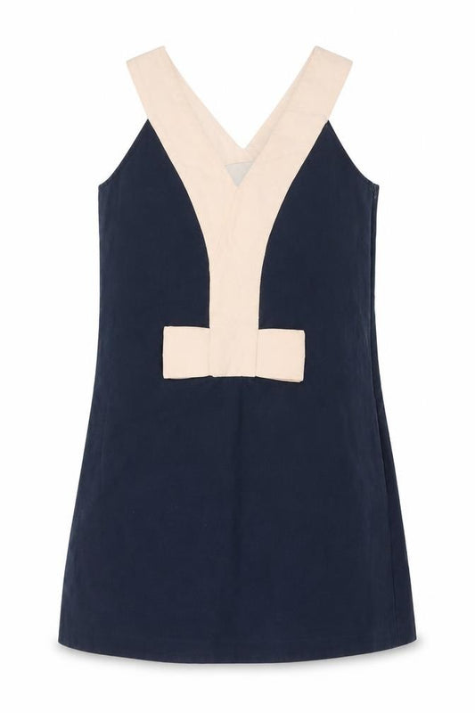 Front view of Mademoiselle Tara women’s blue cotton a-line, size UK 10, v-neck zip - pockets