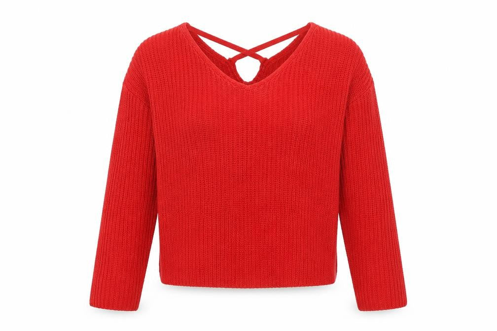 Front view of H&M women’s red v-neck acrylic jumper, size S