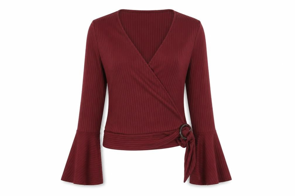 Front view of New Look women’s red v-neck polyester jumper, size UK 14