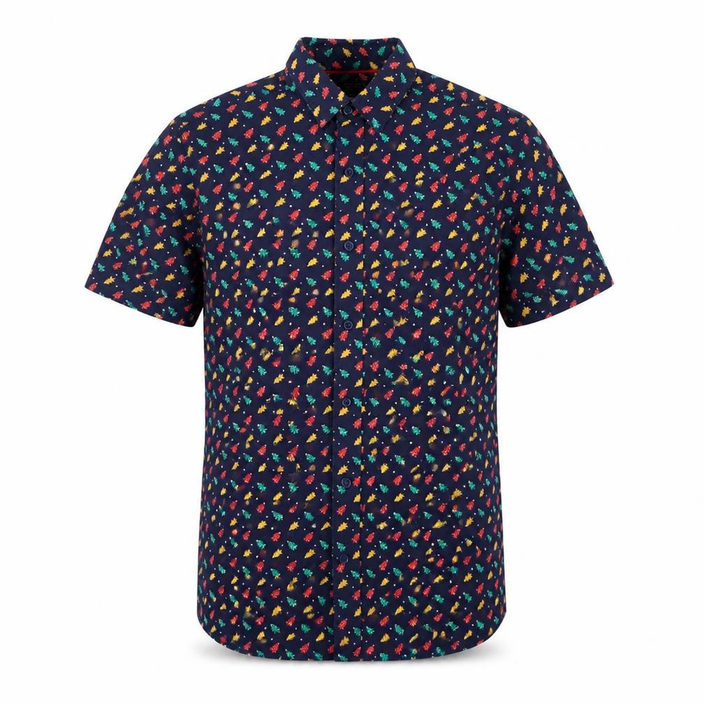 Front view of Cargo Quay men’s blue cotton button-up, size S, collared button - christmas tree