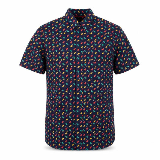 Front view of Cargo Quay men’s blue cotton button-up, size S, collared button - christmas tree