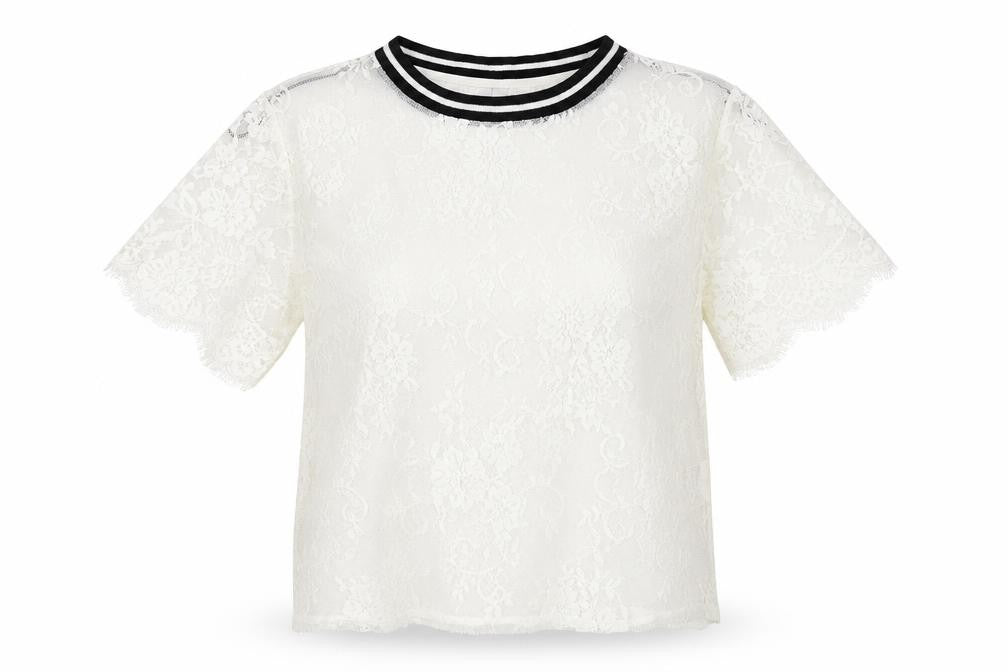 Front view of H&M women’s white polyamide basic t-shirt, size XS, round neck - lace