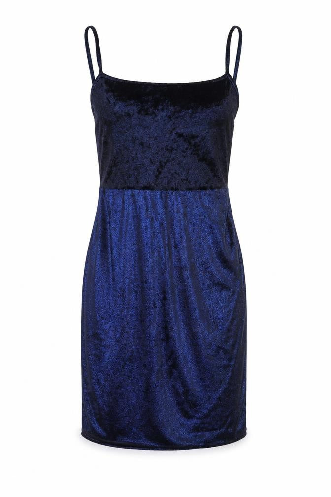 Front view of PRETTYLITTLETHING women’s blue polyester pencil dress, size UK 6, square neck tie