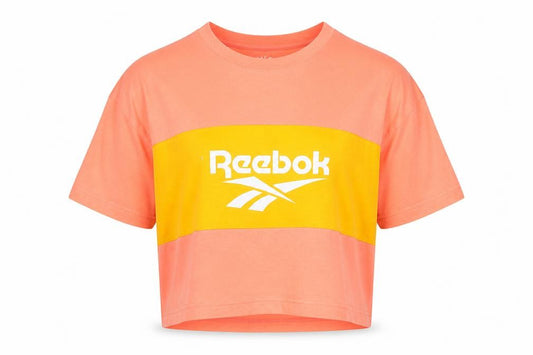 Front view of Reebok women’s pink cotton cropped t-shirt, size UK 4, round neck