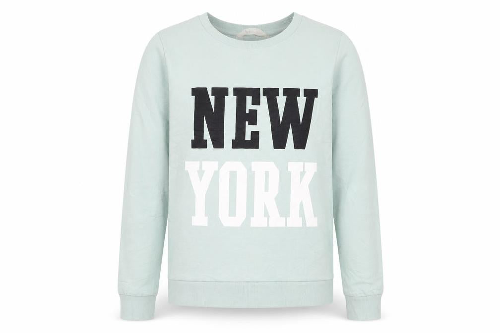 Front view of H&M girls’ green cotton pullover sweatshirt, size 13-14, years pullover - new york