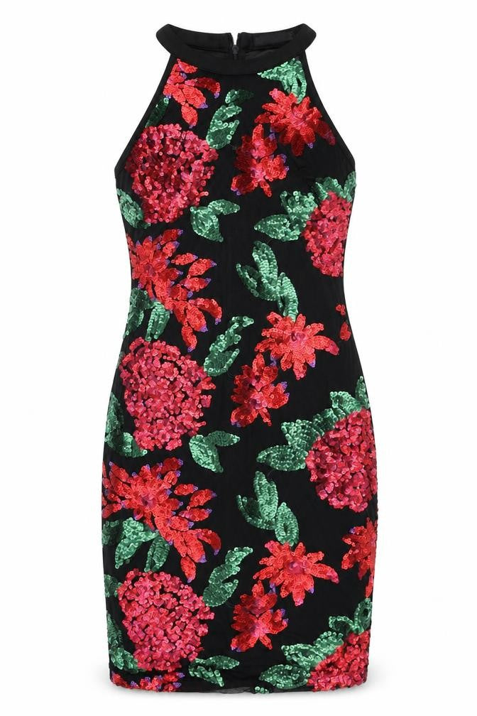 Quiz Womens Black Floral Polyester Pencil Dress  Size 6  Halter Zip