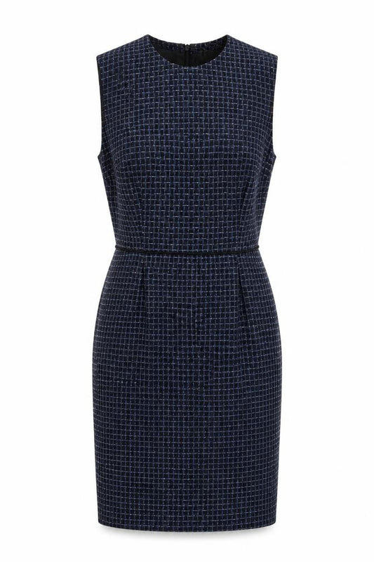 Front view of Warehouse women’s blue polyester pencil dress, size UK 12, round neck zip