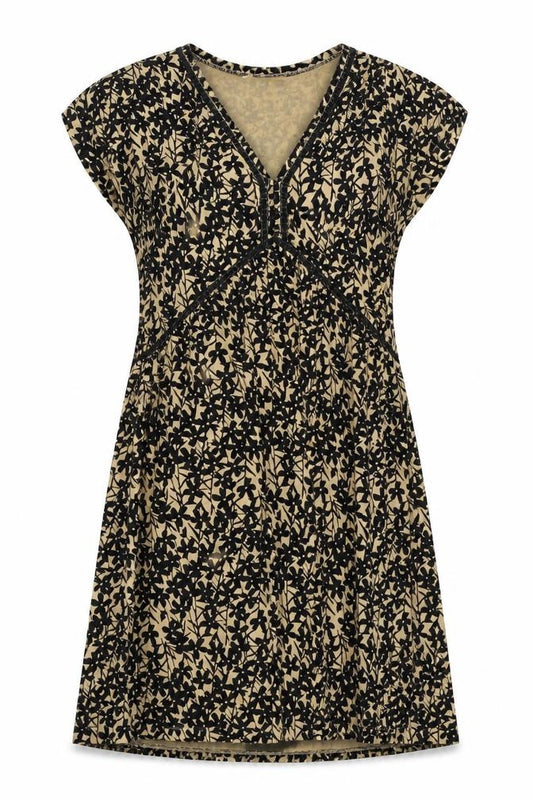 Front view of Next women’s gold floral viscose a-line, size UK 8, v-neck pullover