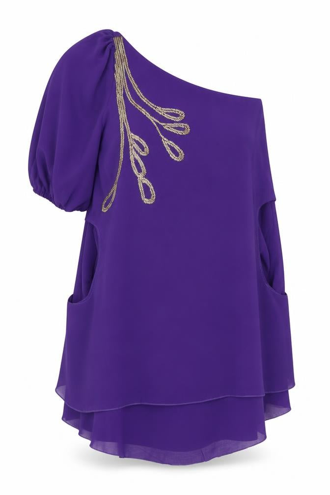 Front view of TFNC London women’s purple polyester a-line, size S, one shoulder pullover