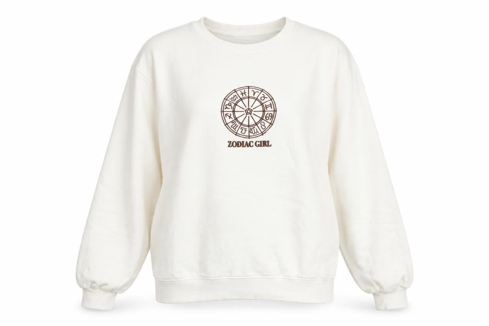Front view of Threadble women’s white cotton pullover sweatshirt, size UK 8, pullover - zodiac