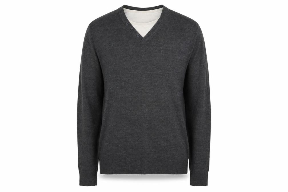 Front view of Tu men’s grey round neck acrylic jumper, size M