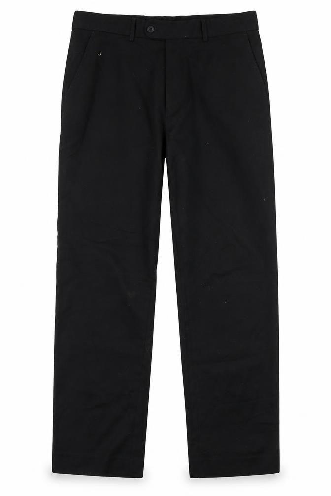 Front view of Taylor & Wright men’s black polyester trousers, size 34, in, 28-inch leg regular zip