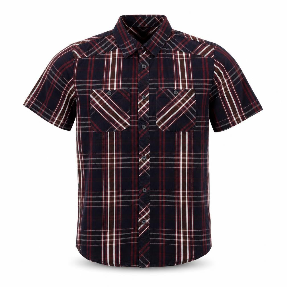 Front view of Twisted Soul men’s multicoloured plaid cotton button-up, size S, collared