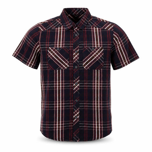 Front view of Twisted Soul men’s multicoloured plaid cotton button-up, size S, collared