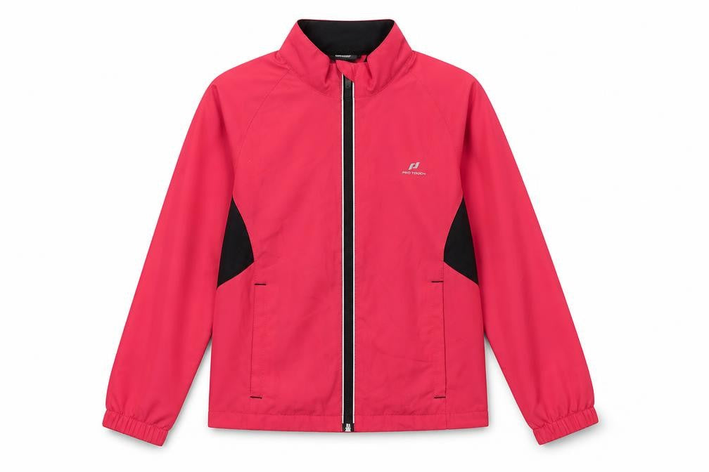 Front view of PRO TOUCH girls’ pink jacket, size 8, years zip
