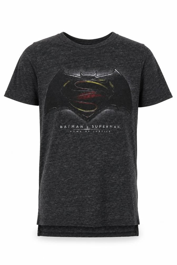 Front view of Next boys’ grey cotton basic t-shirt, size 8, years round neck - batman, superman