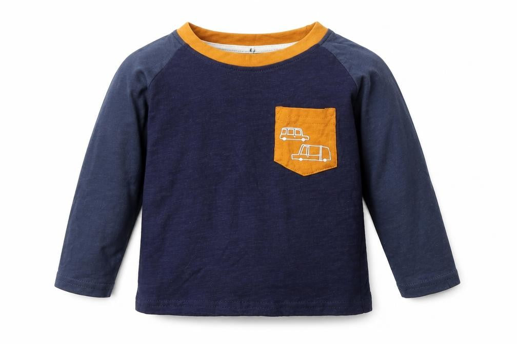 Front view of Primark boys’ blue cotton basic t-shirt, size 12-18, months round neck