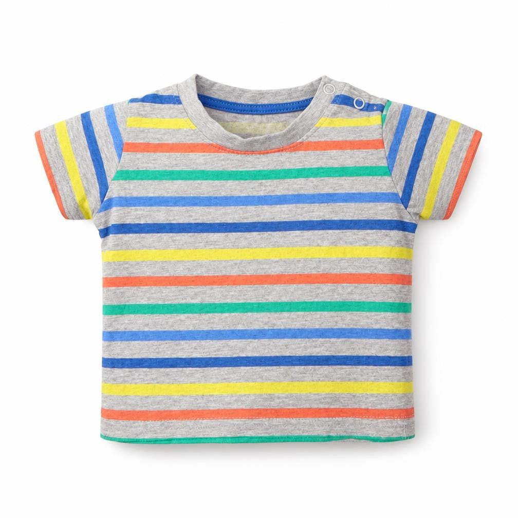 Front view of Primark boys’ multicoloured striped cotton basic t-shirt, size 3-6, months round neck