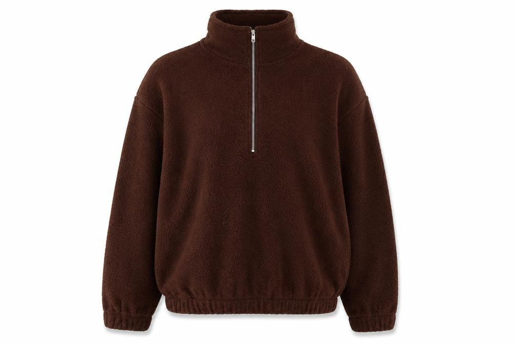Front view of SHEIN women’s brown polyester pullover sweatshirt, size M, zip