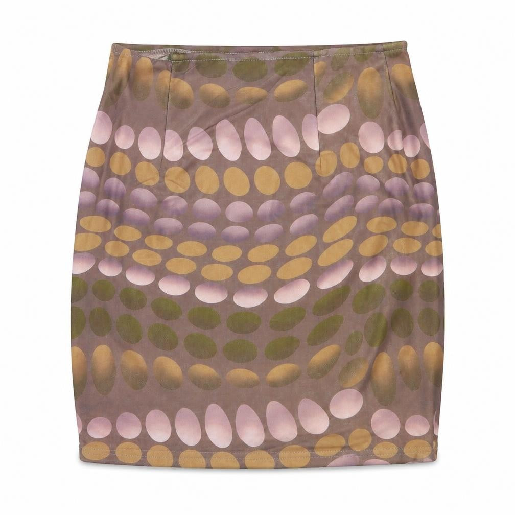 Front view of Naanaa women’s purple geometric polyester mini skirt, size UK 8, zip