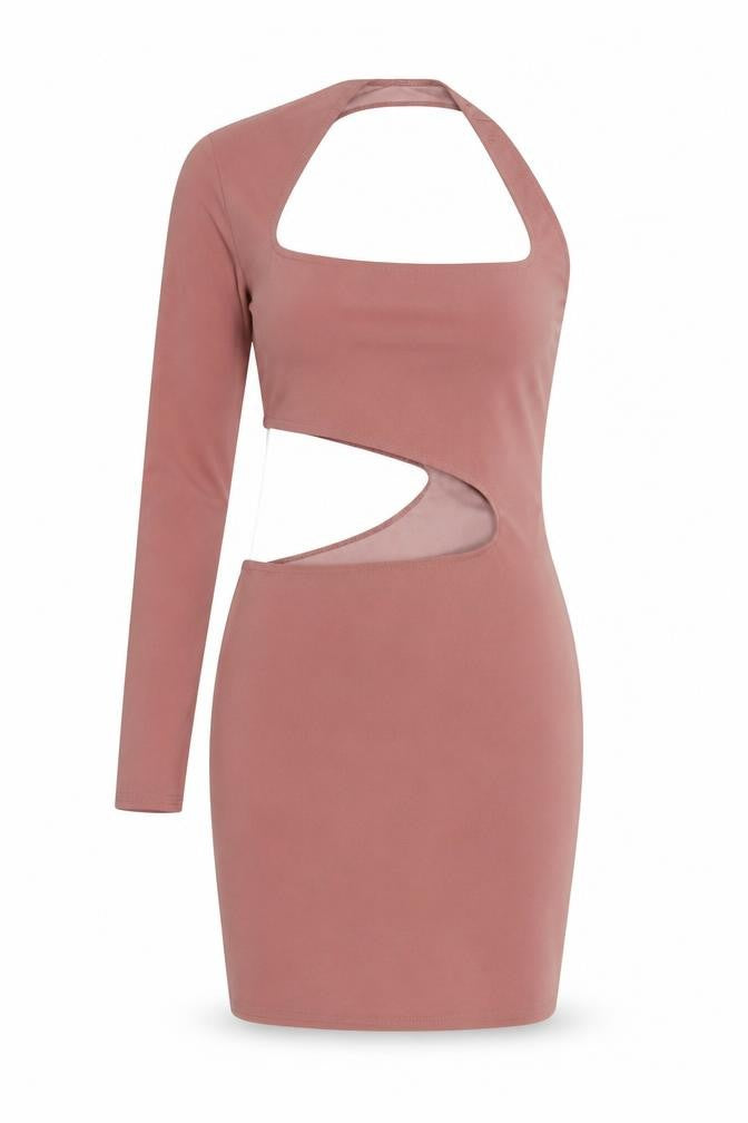Front view of Ayanapa women’s pink polyester bodycon, size S, one shoulder pullover
