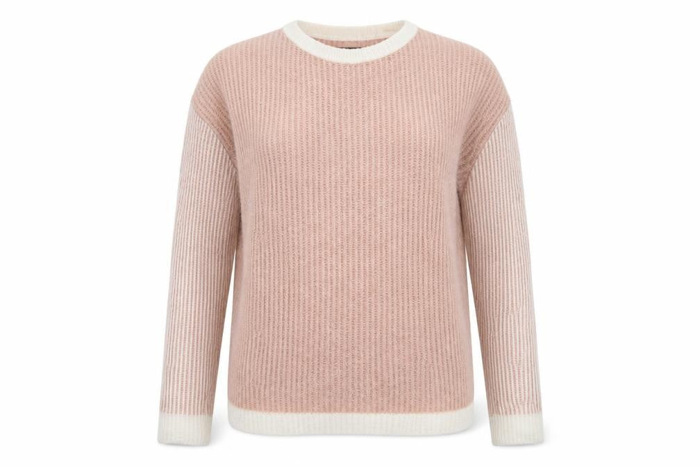 Front view of Atmosphere women’s pink crew neck acrylic jumper, size UK 12