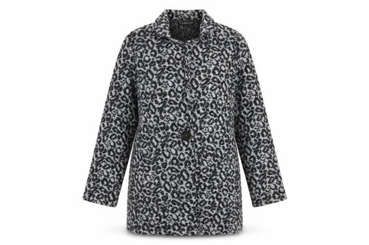 Front view of Dunnes women’s grey animal print jacket coatigan, size M, button