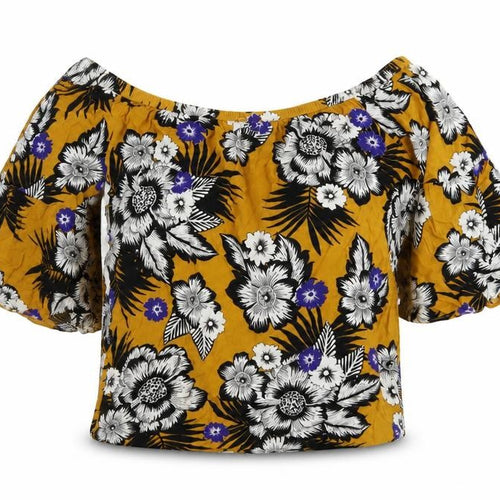 Papaya Womens Yellow Floral Viscose Basic Blouse Size 10 Off the Shoulder