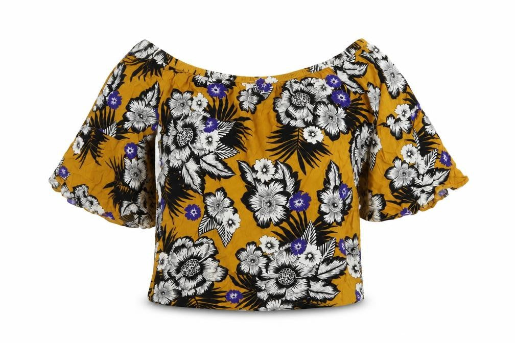 Papaya Womens Yellow Floral Viscose Basic Blouse Size 10 Off the Shoulder
