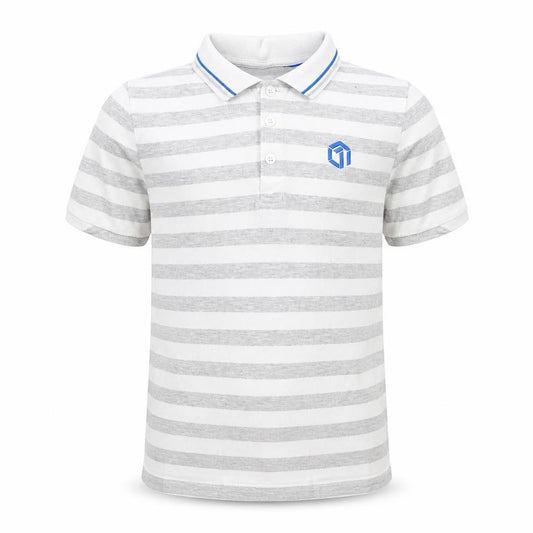 Front view of F&F boys’ grey striped cotton pullover polo, size 11-12, years collared button