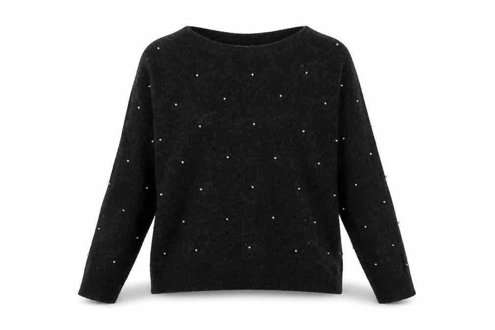 Front view of H&M women’s grey boat neck acrylic jumper, size S