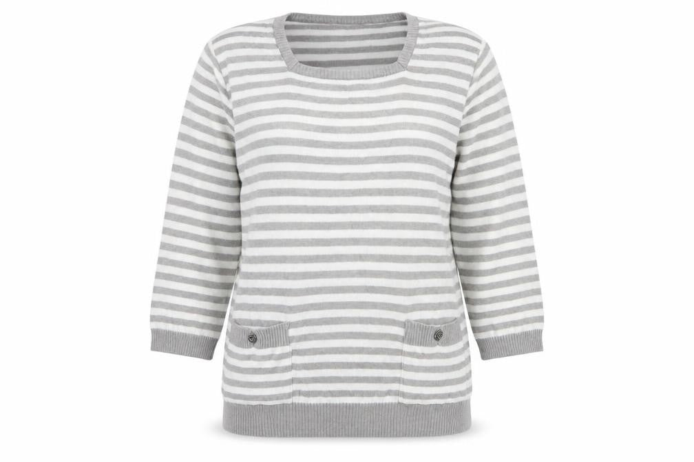Front view of Preworn women’s grey square neck striped cotton jumper, size M