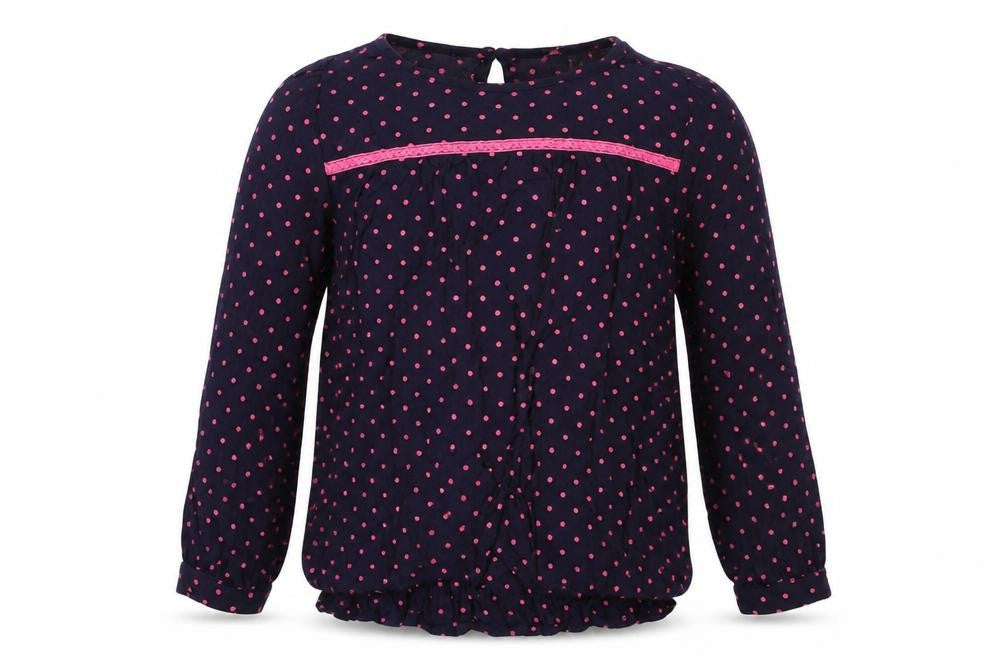 Front view of Primark girls’ blue polka dot viscose basic blouse, size 5-6, years crew neck button