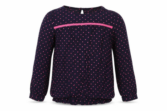 Front view of Primark girls’ blue polka dot viscose basic blouse, size 5-6, years crew neck button