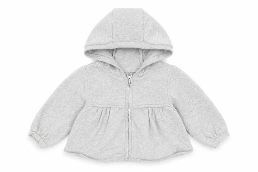Front view of Mothercare girls’ grey cotton cardigan jumper, size 0-3, months zip