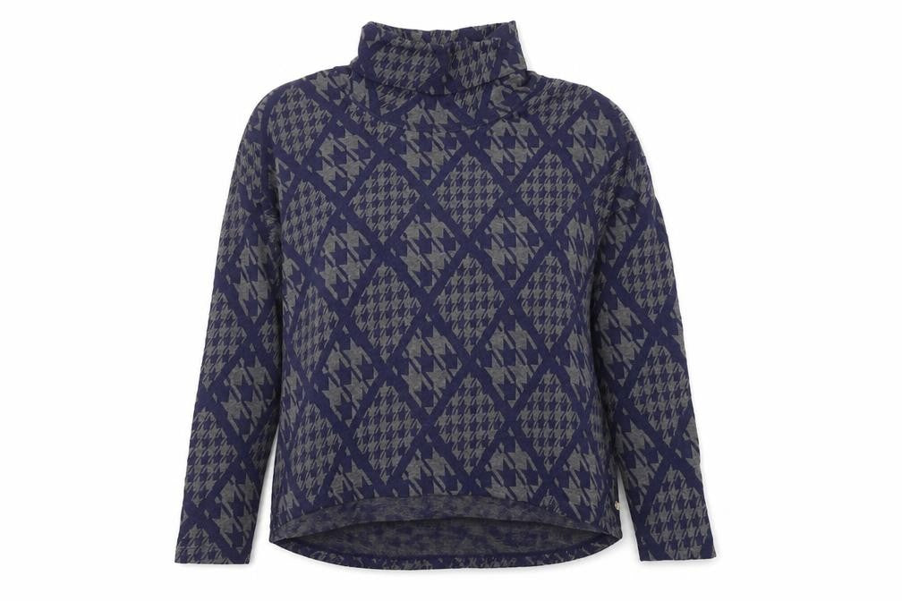 Front view of Hatley women’s blue roll neck geometric cotton jumper, size XL