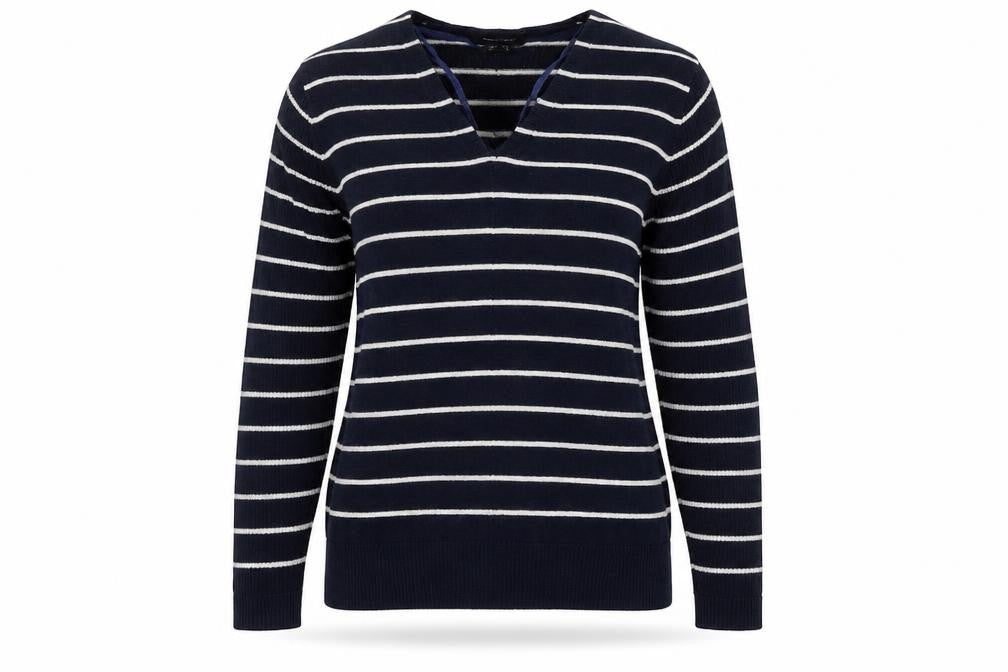 Front view of Primark women’s blue v-neck striped acrylic jumper, size UK 10