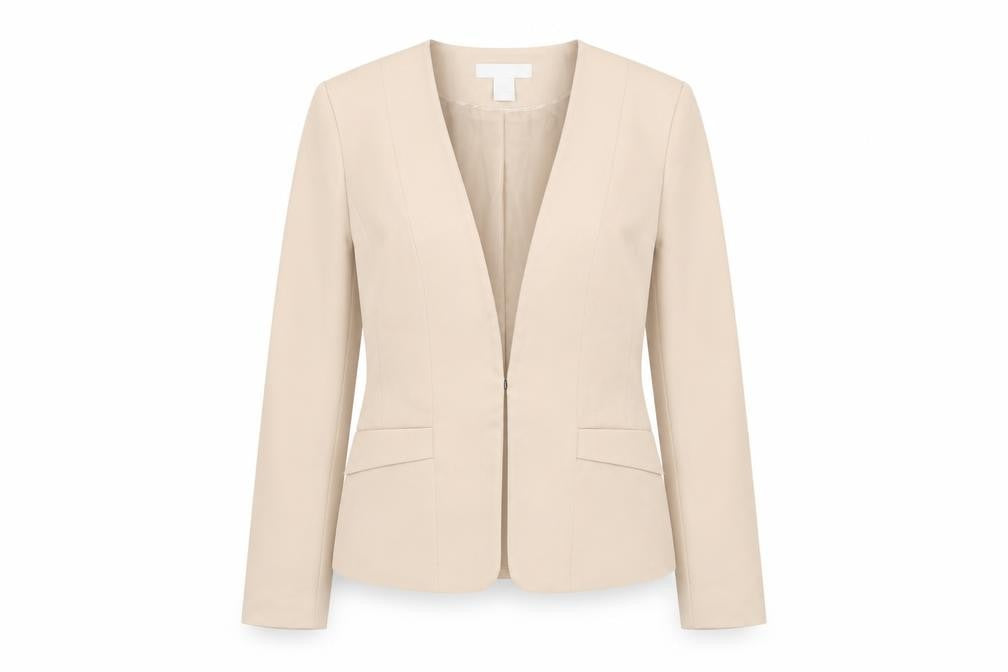 Front view of H&M women’s beige jacket, size UK 6, hook & eye