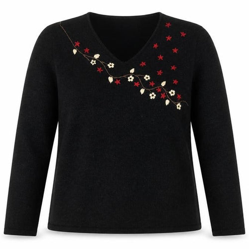 Collection Womens Black V-Neck Floral Acrylic Pullover Jumper Size 14